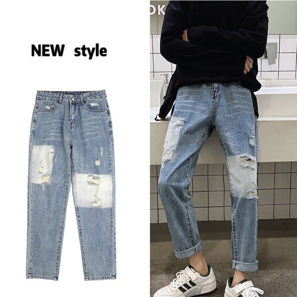

hole patch jeans mens slim fashion washed retro ripped jean pants men streetwear wild hip hop denim trousers mens -2xl, Blue