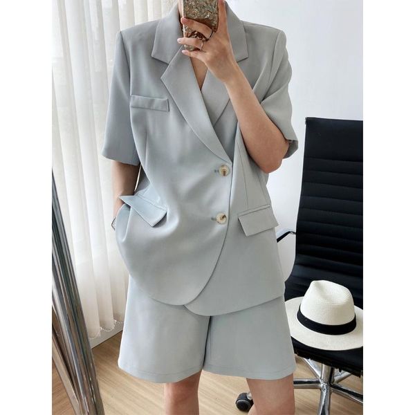 

women's tracksuits 2021 summer thin short sleeve suit jacket + shorts casual loose blazer two piece set 297, Gray