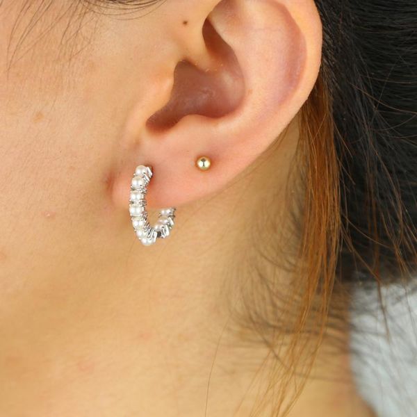 

mini hoop earring with cz paved women round accessories gold color fresh pearl circle for wedding & huggie, Golden;silver