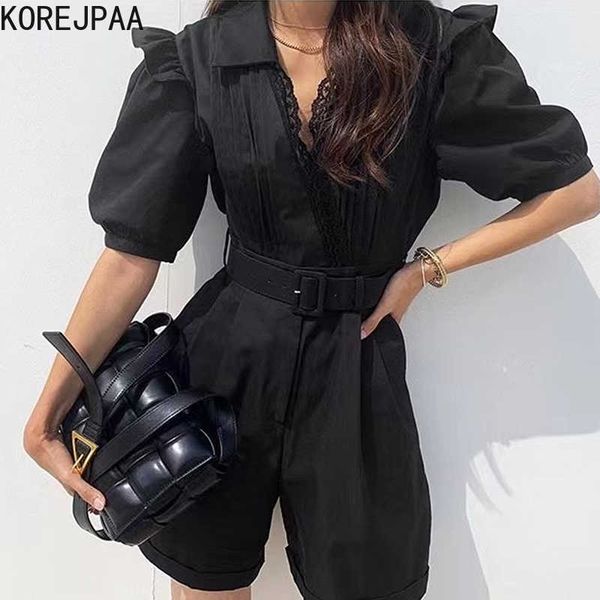 

korejpaa women jumpsuits summer korean chic ladies french retro lapel lace stitching pleated lace-up puff sleeve jumpsuit 210526, Black;white