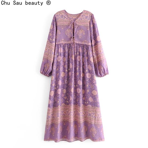 

autumn holiday style boho pullover long skirt o-neck lace-up vintage flower print fringed long-sleeve dress 210514, Black;gray