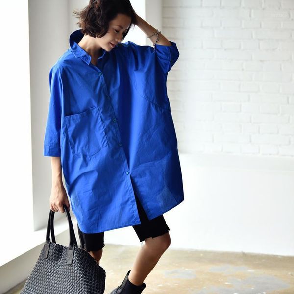 

commuter: simple, loose silhouette, middle sleeve blouse, pure cotton women's blouses & shirts, White