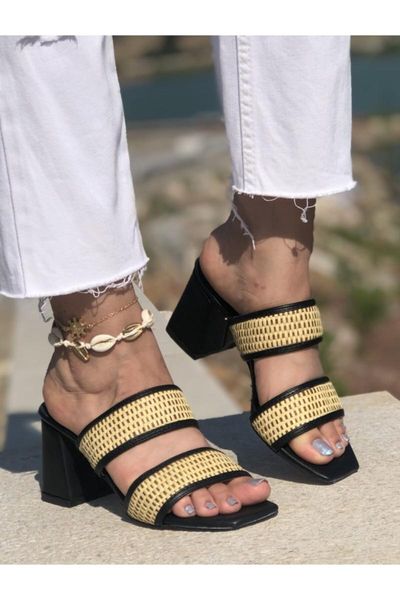 

women's black straw slippers