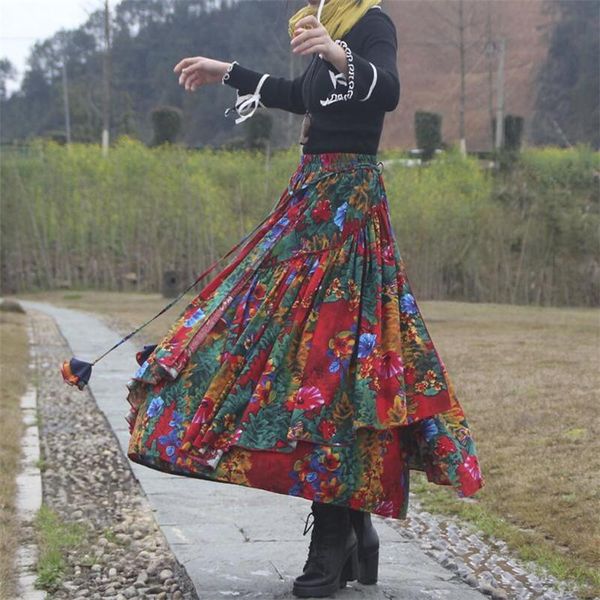 

skirts bohemian ethnic style fashion print long skirt women super stretch waist ladies high splice cotton linen a-line, Black
