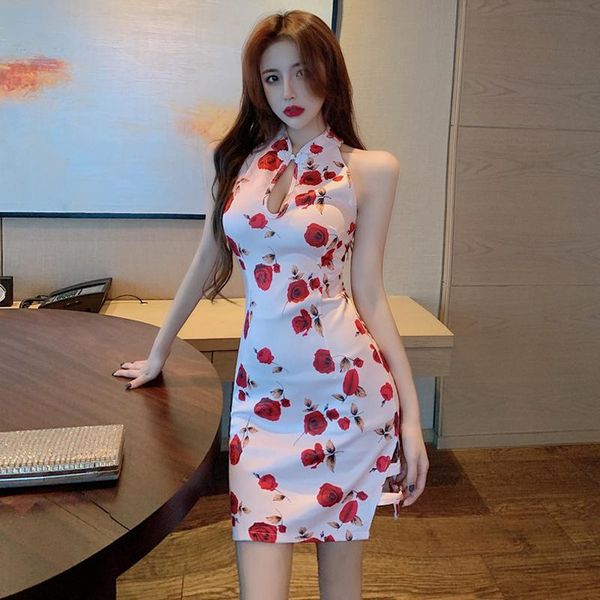 

ethnic clothing women red rose print qipao nightclub bar bodycon lady mini dress elegant chinese style cheongsam vintage vestidos