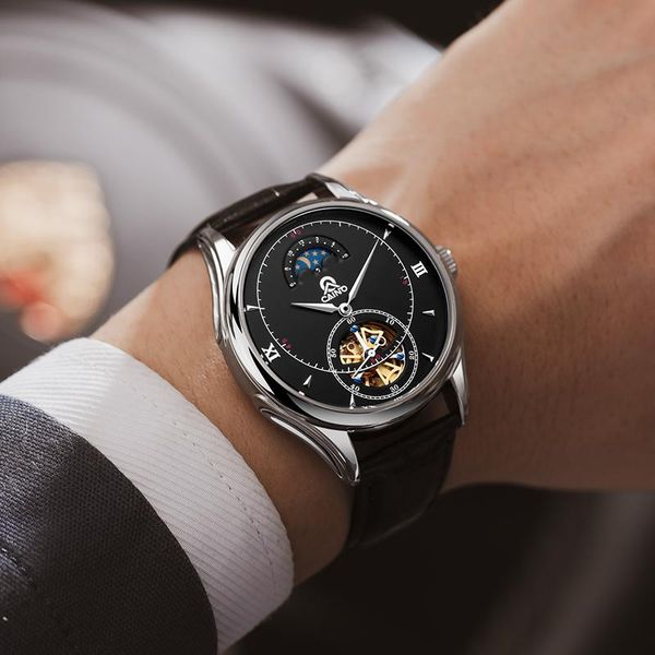 

hollow tourbillon men moon phase watch business automatic mechanical men's waterproof wristwatches clock male 2021, Slivery;brown
