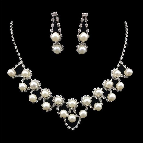 

straight bridal pearl necklace earrings jewelry two piece set, Black