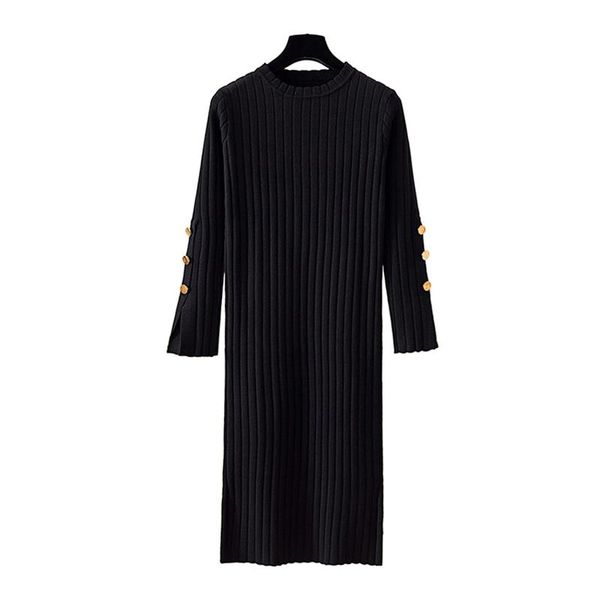 

casual dresses vsue black knitted o neck long sleeve knee length dress autumn solid split button d1704, Black;gray