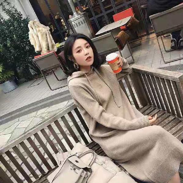 

casual dresses autumn winter women maxi dress 2021 hooded knitted midi fashion long sleeve loose female sweater vestidos, Black;gray