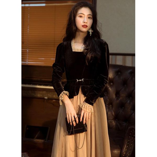 

casual dresses qiu dong long sleeve french accept waist niche chic design feeling restoring ancient ways pleuche dress in winter, Black;gray