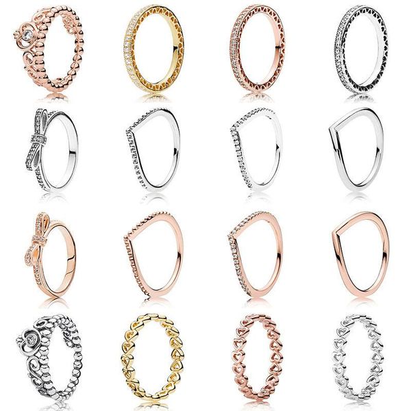 

cluster rings 6/7/8/9 size for women 925 sterling silver rose gold hollow love heart crystal finger ring wedding jewelry, Golden;silver