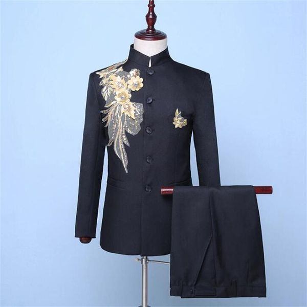 

men's suits & blazers chorus blazer men groom suit set with pants mens embroidery chinese tunic costume singer stage clothing formal dr, White;black