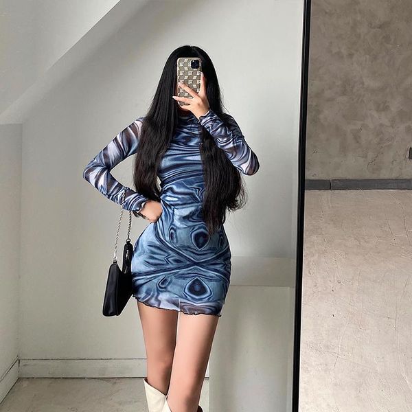 

tight tie dye mesh lace small turtleneck long sleeve slim hip wrap mini dress dresses u884 casual, Black;gray