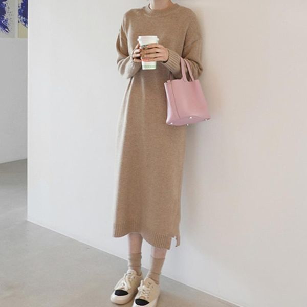 

casual dresses cashmere winter sweater dress women clothing autumn elegant korean fashion o neck solid apricot 2021 brown knitted woman vest, Black;gray