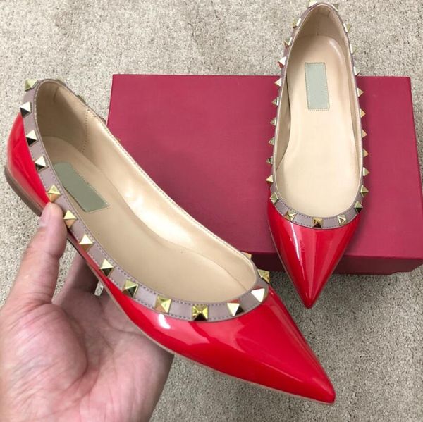 

sandals spring pointed toe rivet patent leather single women flat shoes, Black