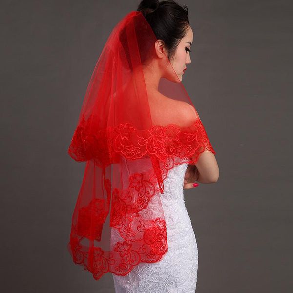 

bridal veils red veil lace short elbow wedding appliques bride 2021, Black