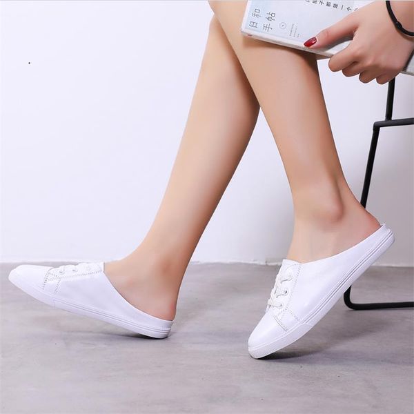 

genuine leather half shoes for women slippers flat 2021 spring summer white casual fashion, Black