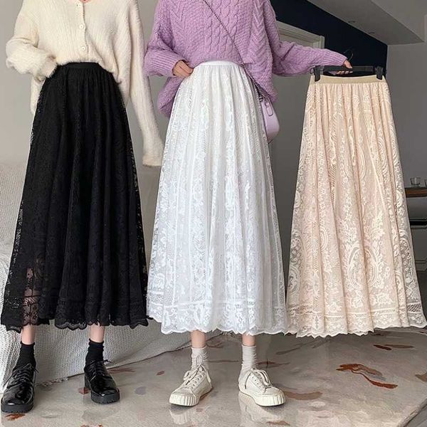 

skirts super fairy half female spring and summer korean style all-match high thin elastic waist long lace skirt h0fb, Black