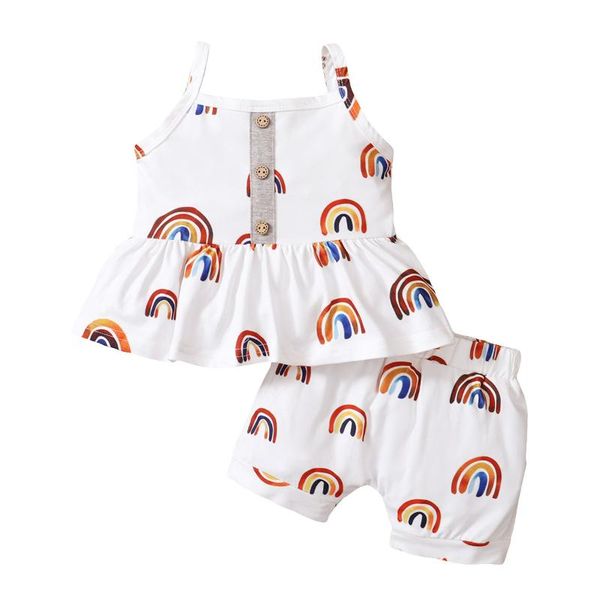 

clothing sets child baby pattern 2 pieces kids suit set, rainbow print u-neck sleeveless pullover+ high waist shorts for girls, 0-18 months, White
