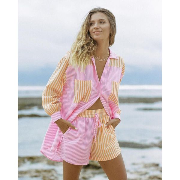 

women's tracksuits summer women 2pcs casual set long sleeves stripe single-breasted shirt + elastic waist shorts for girls, Gray