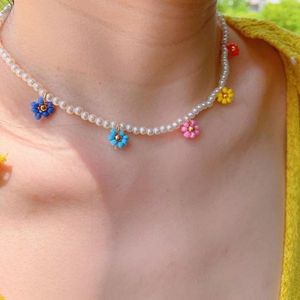 

chokers summer daisy resin flower choker beaded necklace for women pearl kpop jewelry cute collar luxury lady party accessories, Golden;silver