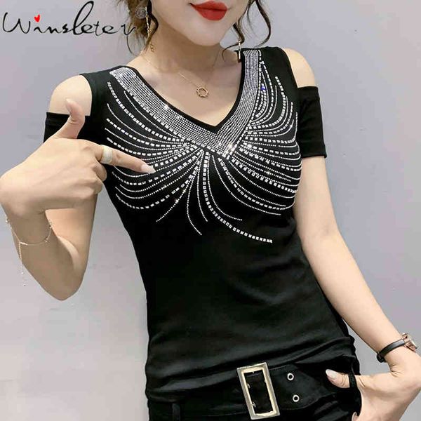 

women's t-shirt summer european clothes cotton chic off shoulder shiny diamonds women back short sleeve tees 2021 t15217, White