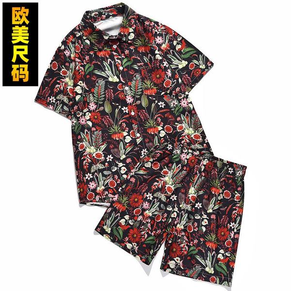 

men's tracksuits summer 2021 european and american 3d digital printing cross-border e-commerce plant flower shirt shorts casual set, Gray