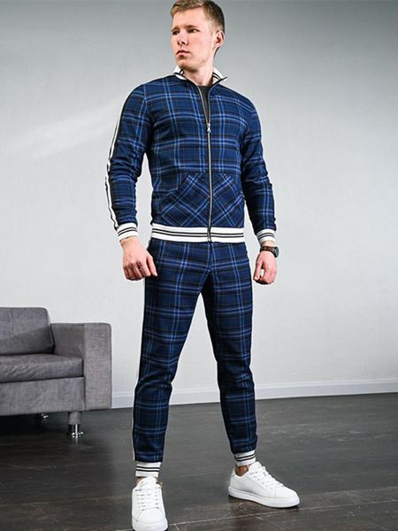 

men's tracksuits 3d print grid two-piece patchwork zipper hooded coat+fashion small leg trouser suits slim classic sportswear, Gray