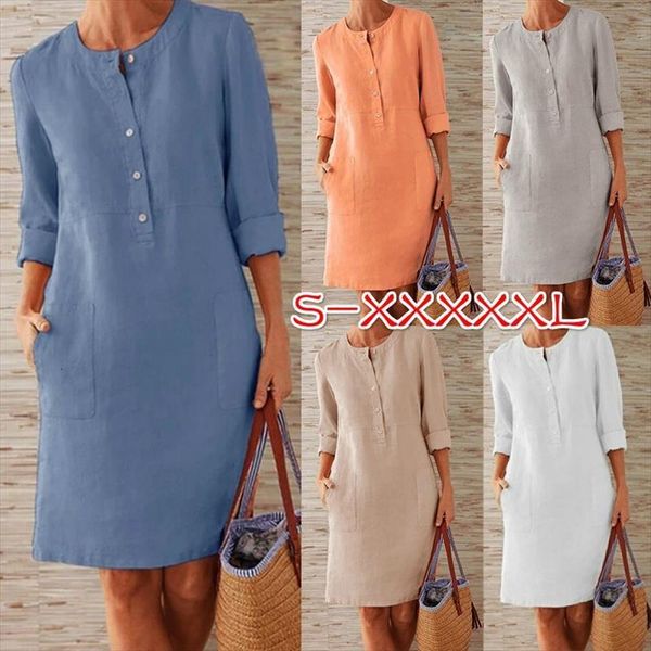 

casual solid color women dress round neck cotton and linen loose botton plus size long sleeve midi s 5xl, Black;gray