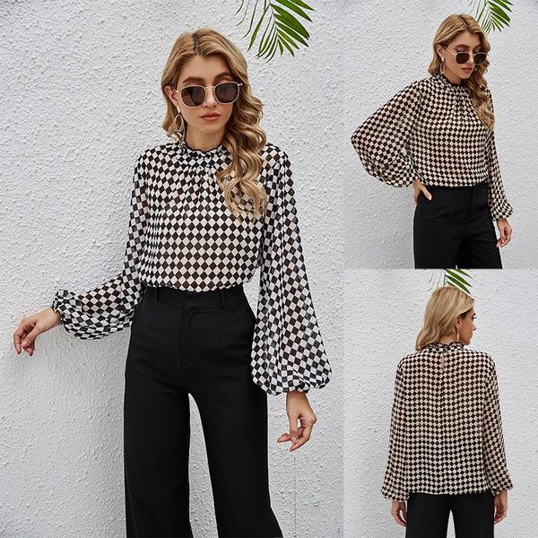 

women's t-shirt spring long sleeve for girls causal style chiffon plaid loose office ladies' clothing 9399, White