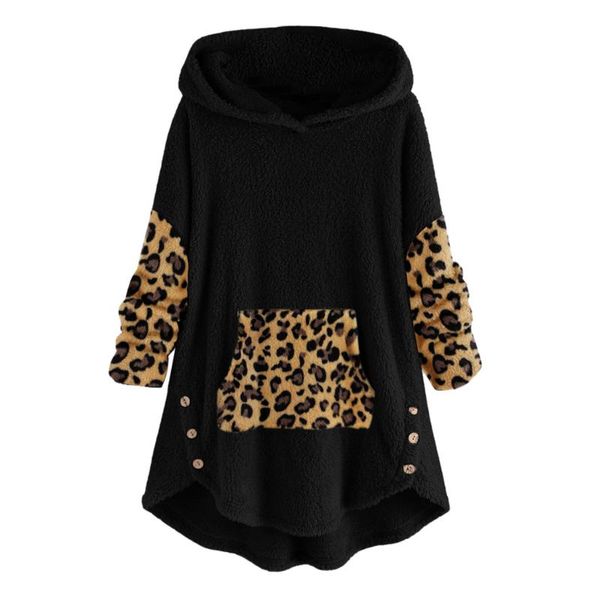 

women's hoodies & sweatshirts #z25 women winter plush coat fleece leopard hoodie plus size button lady pocket outwear long pullover wom, Black
