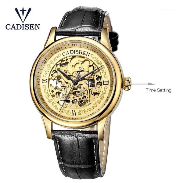 

cadisen golden watches men skeleton mechanical watch stainless steel brands luxury man montre homme leather wristwatch wristwatches, Slivery;brown