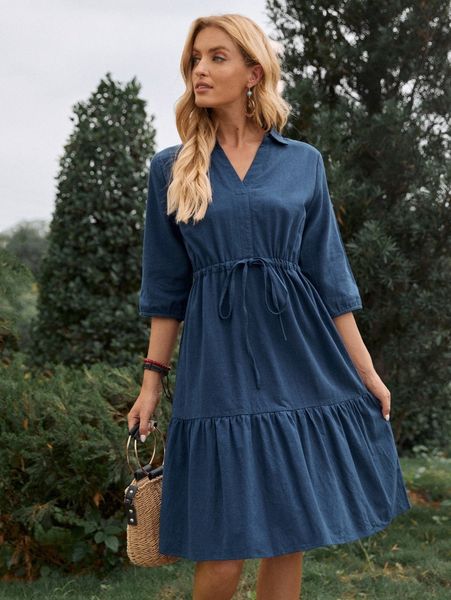

drawstring waist ruffle hem shirt dress e7ab#, Black;gray