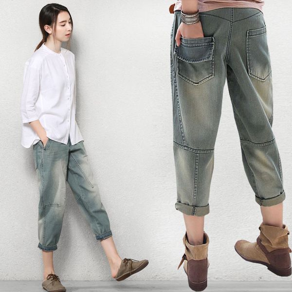 

women's jeans spring autumn plus size women cotton harem pants casual denim fashion loose vaqueros vintage boyfriend dlpg, Blue
