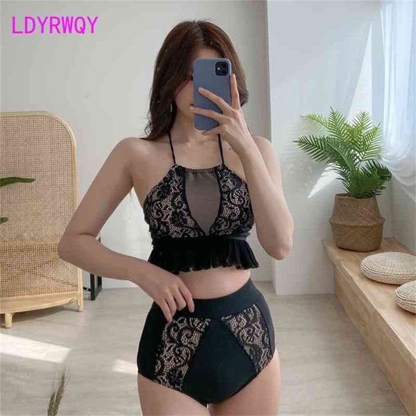 

ldyrwqy korean version split body show back high waist fashion small chest gathered bikini swimsuit 210603, White;black