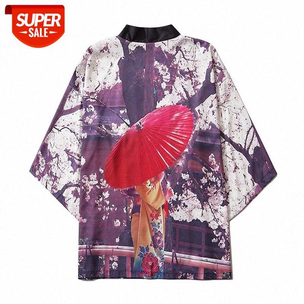 

japanese retro printing three-quarter sleeve robe shirt for men and women loose large size casual sun protection thin coat #ys1k, White;black