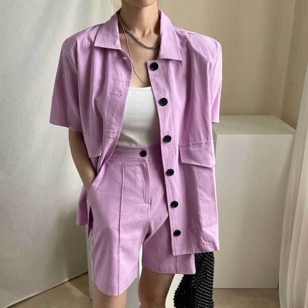 

korean chic retro lapel single-breasted loose tooling jacket + high waist straight slacks shorts suit women 210525, White