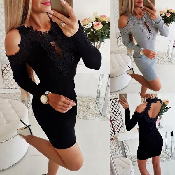 

women's casual lace shoulder long sleeve backless ladies bodycon party mini dress dresses, Black;gray