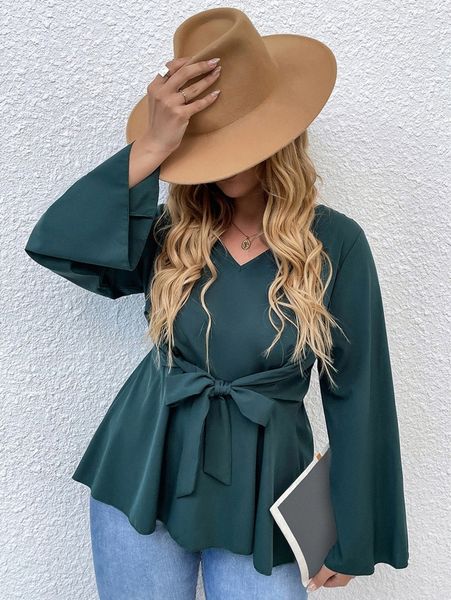 

plus v neck tie front peplum blouse m0zl#, Black