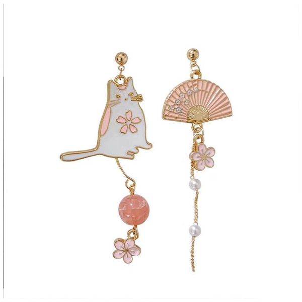 

dangle & chandelier s925 needle japanese and korean super fairy earrings cat fan asymmetrical girl flower tassel, Silver