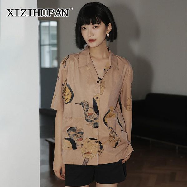 

women's blouses & shirts xizihupan vintage patterned print women shirt lapel collar short sleeve straight loose 2021 fashion clothing, White