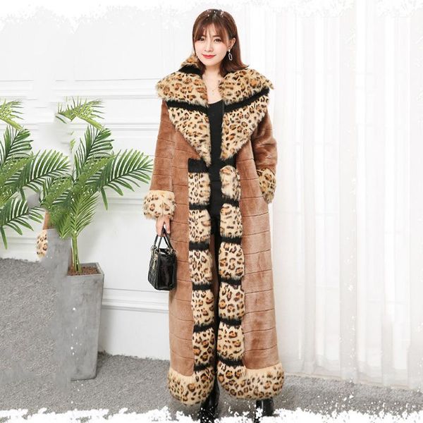 

women's fur & faux european station coat women long to ankle long-sleeved fashion leopard-print collar imitation mink s114, Black