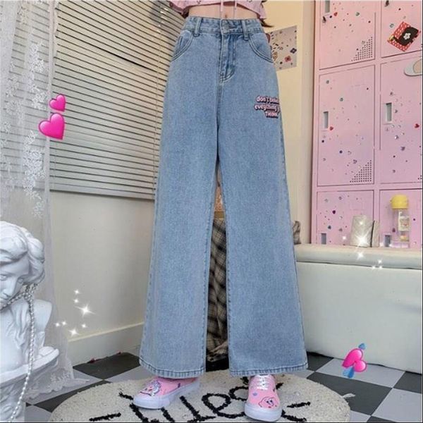 

japanese spring cowboy women jean wide leg demin pants love embroidery loose wild vintage straight student streetwear, Blue