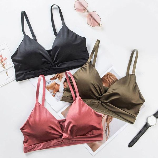 

bustiers & corsets soft satin bra comfortable underwear wireless lace bralette triangle cup intimate lingerie thin seamless bras for women, Black;white