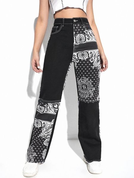 

paisley print high waist straight leg jeans g5sb#, Blue