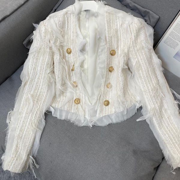 

high-end runway design black tassel tweed jacket women o-neck fashion gold double breasted elegant lady retro coat outwea women's jacke, Black;brown