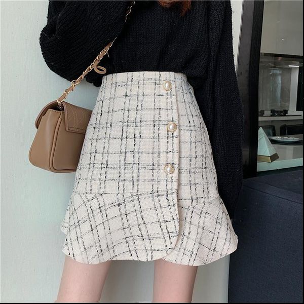 

plaid trumpet high waist mini womens skirts autumn winter females elegant back zipper tweed fahison bottom, Black