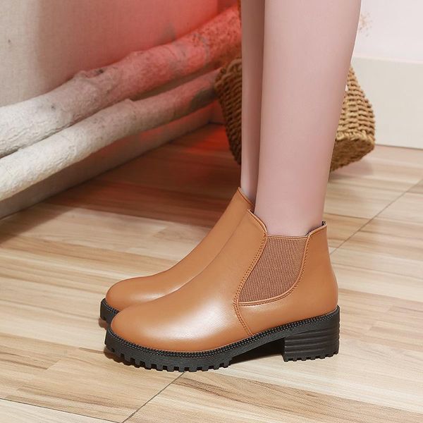 

boots fashion women round head thick warm bottom pu leather waterproof woman ankle botas mujer zapatos size 34-43, Black