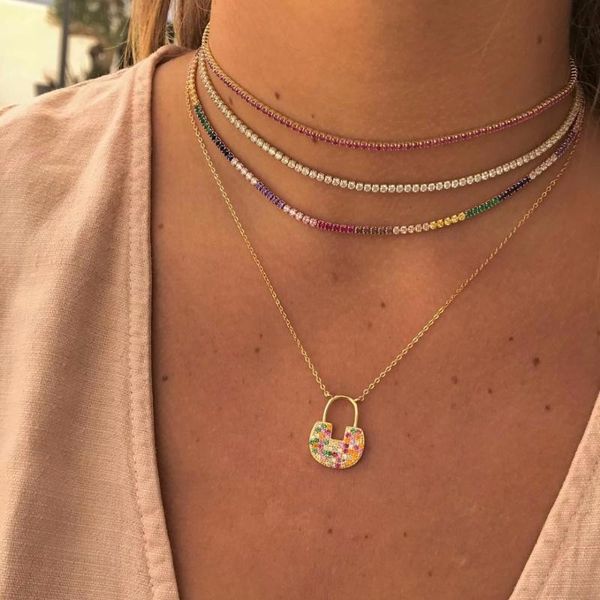 

chains 2021 arrived gold color necklace with rainbow cz tennis chain colorful charm choker tiny link jewelry, Silver