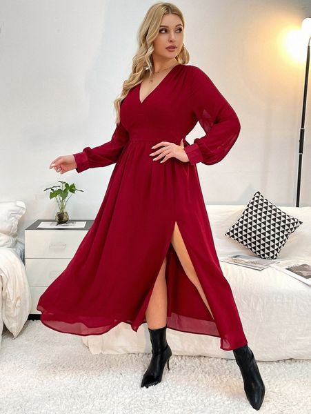 

plus slit thigh lantern sleeve chiffon dress z4go#, Black